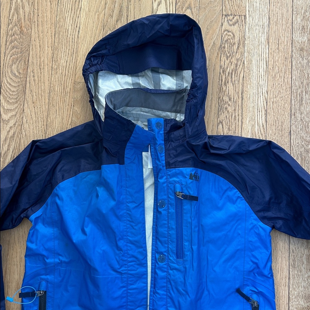 REI COOP Two-Tone Blue Hooded rain Jacket size large (14-16) - Picture 9 of 12